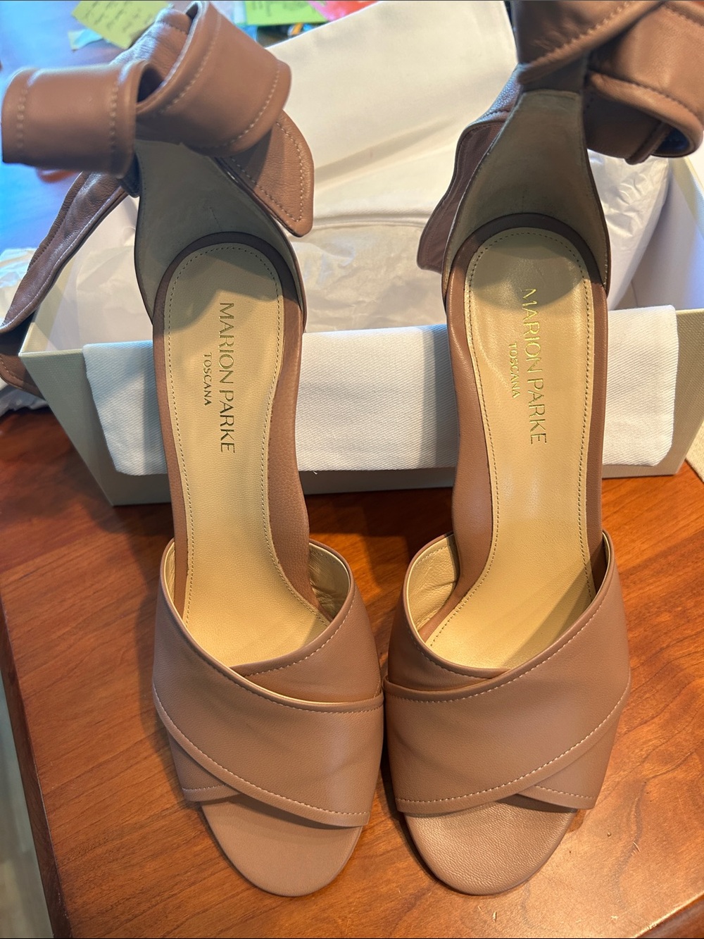 Marion Parke Nude Tan Leather Cross‑Front Heels with Ankle Tie
NEW